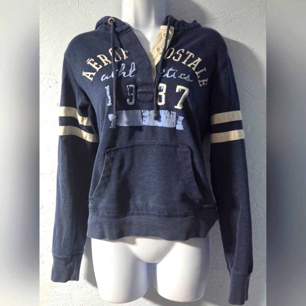 Vintage Y2K Aeropostale Blue Pullover Hoodie With Buttons - Women's Medium